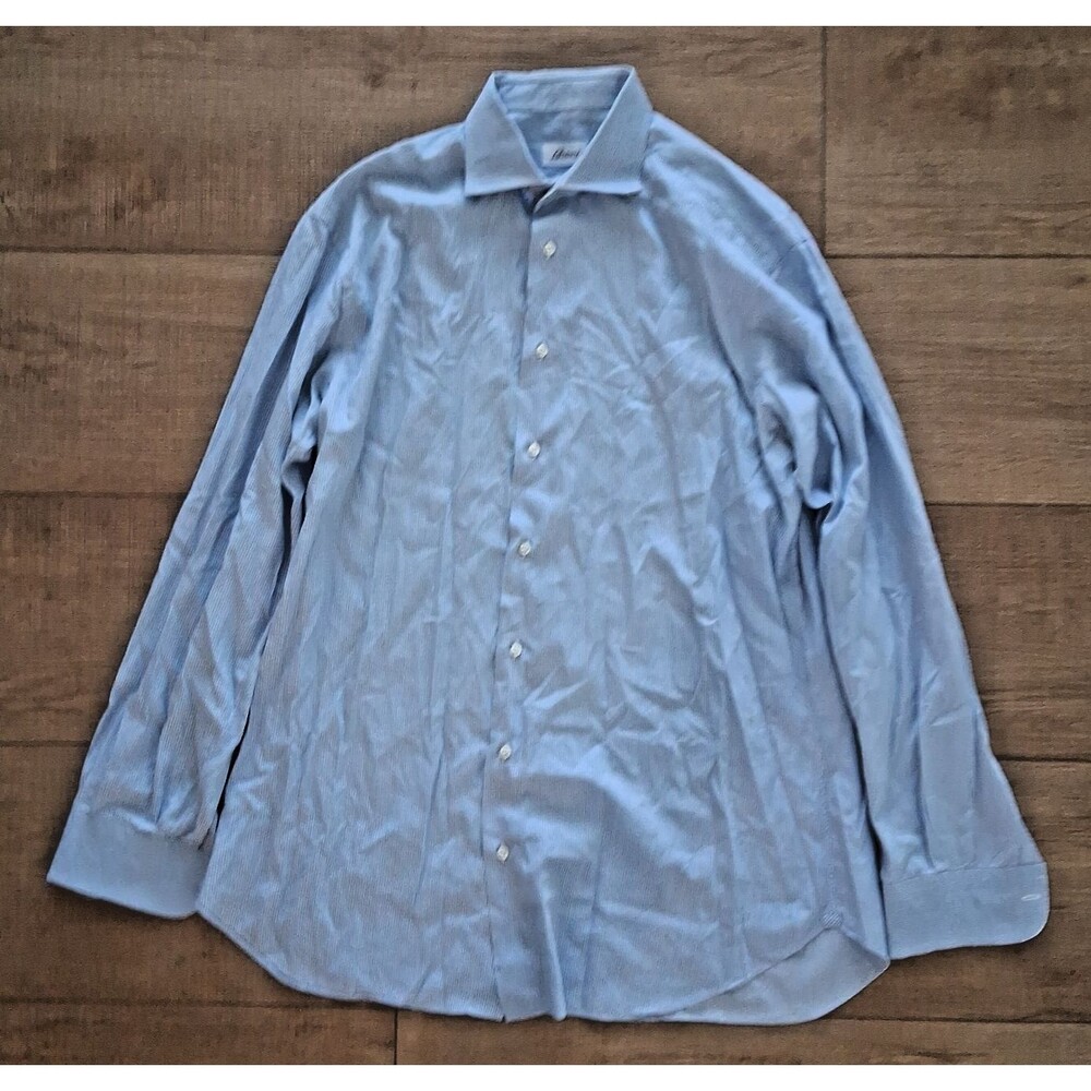 Brioni Blue White Striped Button Up Long Sleeve Dress Shirt Made In Italy Mens L
